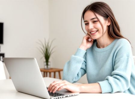 Woman on laptop looking happy